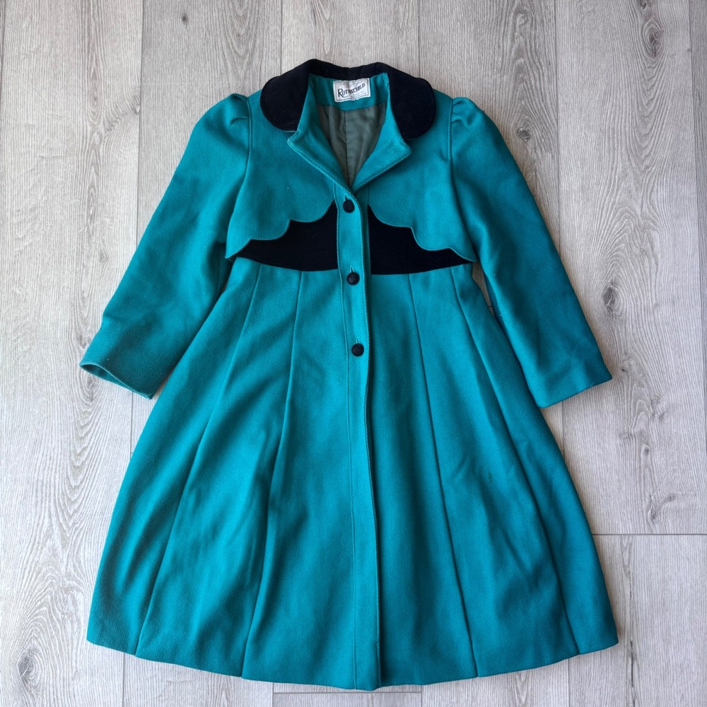 Vintage Rothschild Girls Teal Wool Coat Velvet Trim Bow Back Size 10 Made in USA